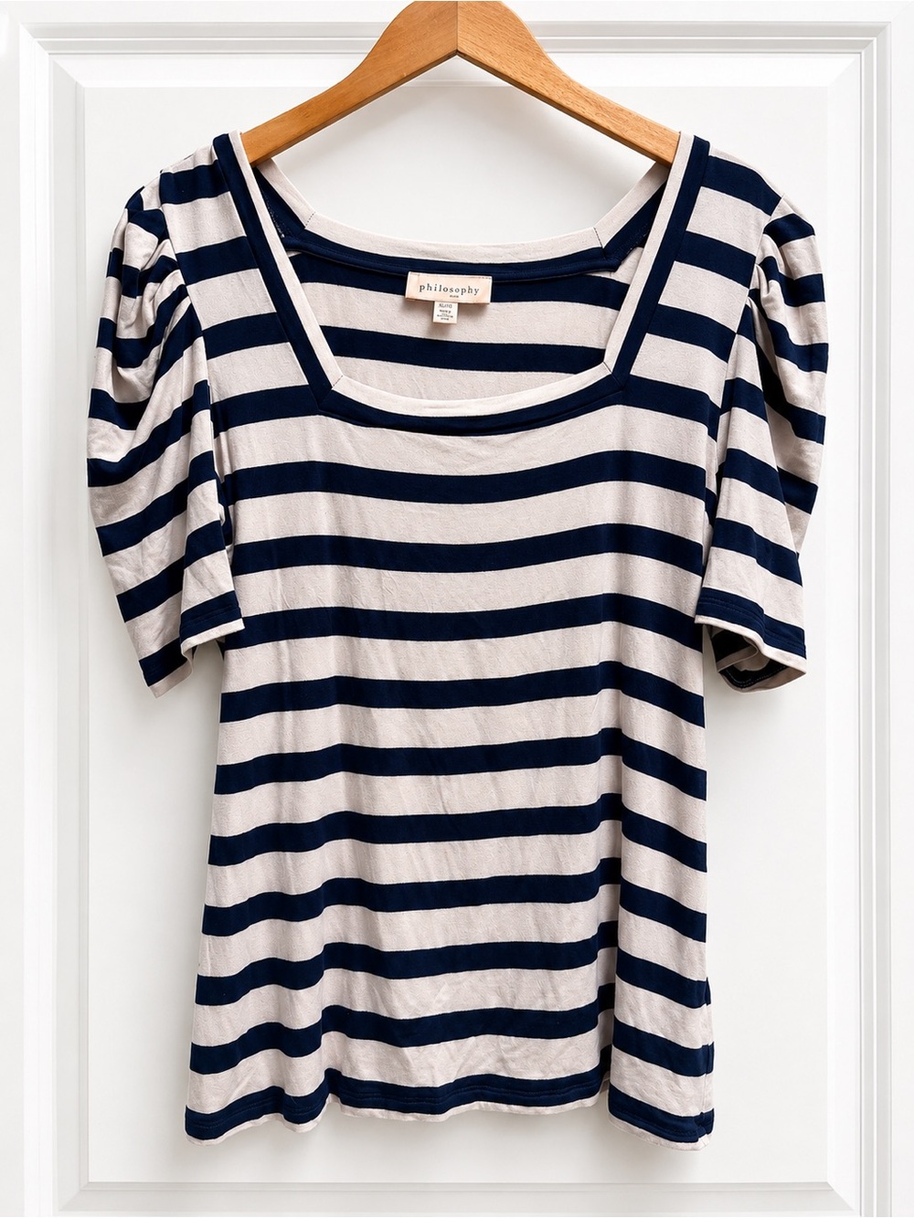Philosophy Navy and Cream Striped Square Neck Tee